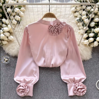 French Shirt Women Three-Dimensional Flower Long-Sleeved Temperament Satin Shirt Spring New Top 