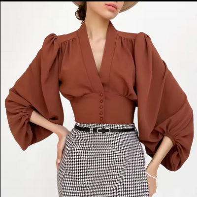 High Quality Wholesale Women clothing formal long lantern sleeve v neck Satin women sexy tops and blouses