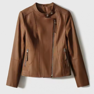 New Arrival Women's 100% Leather Stand-Collar Jacket Moto Coat Woman Genuine Camel Leather Biker Jackets