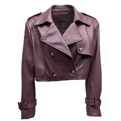 Wholesale Winter Fashion Faux Leather Motorcyale Coat Double Breasted Women Cropped Vegan Leather Jacket