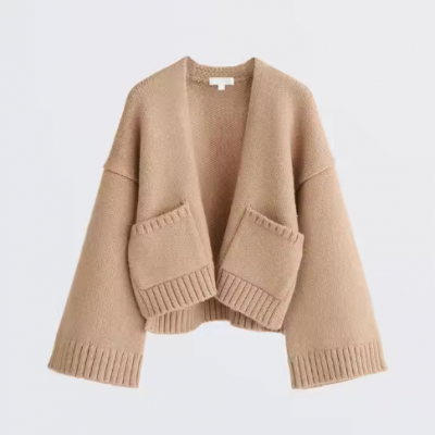 Women's Loose Wool Cashmere Knit Cardigan Breathable Top Coat Sweater with Rib Knit Sleeves and Pocket Casual Style for Autumn